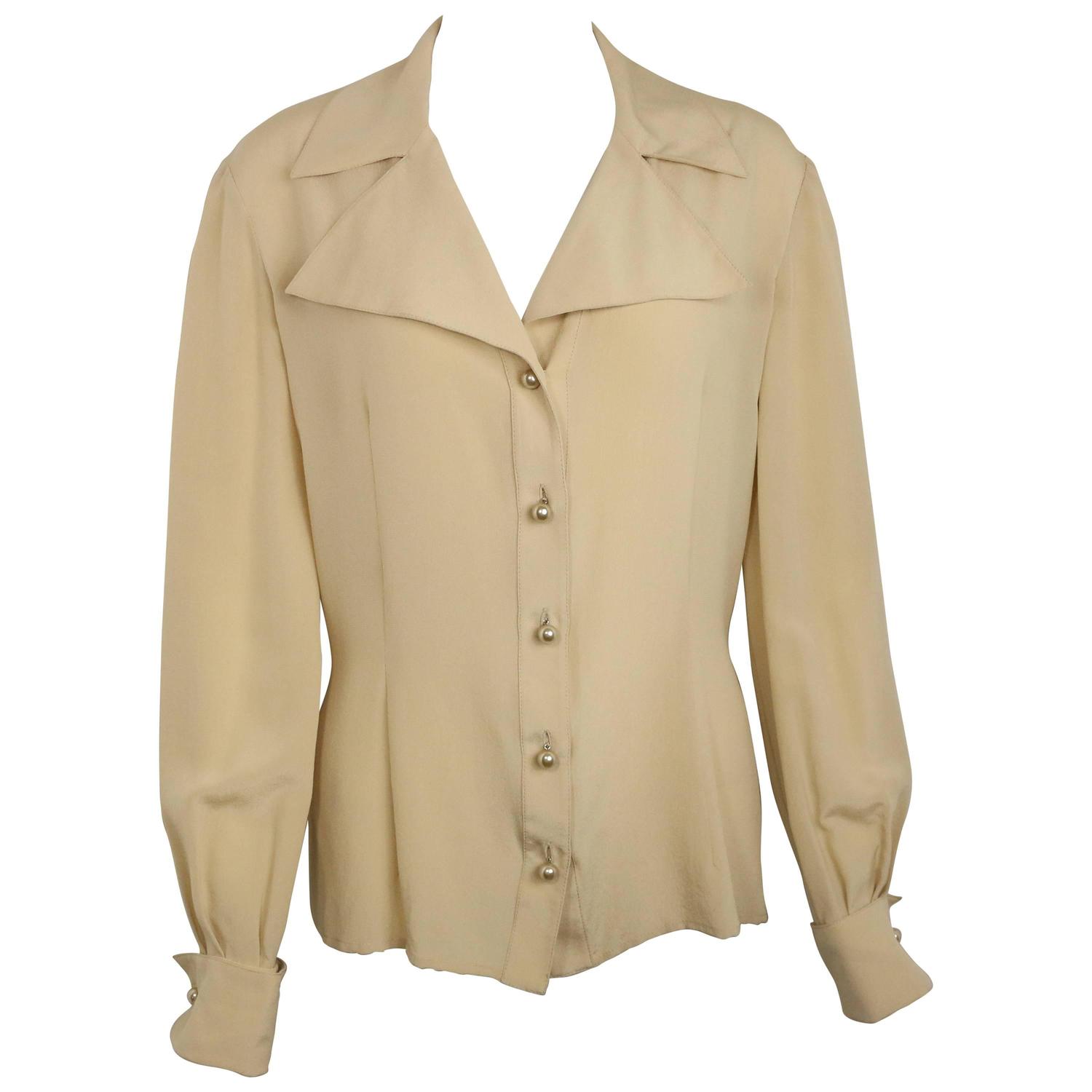 Valentino Beige Silk Blouse Shirt For Sale at 1stdibs