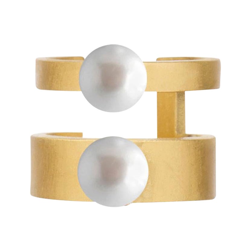 Sterling Silver Gold-Plated Open Line Double Pearls Ear Cuff Earring
