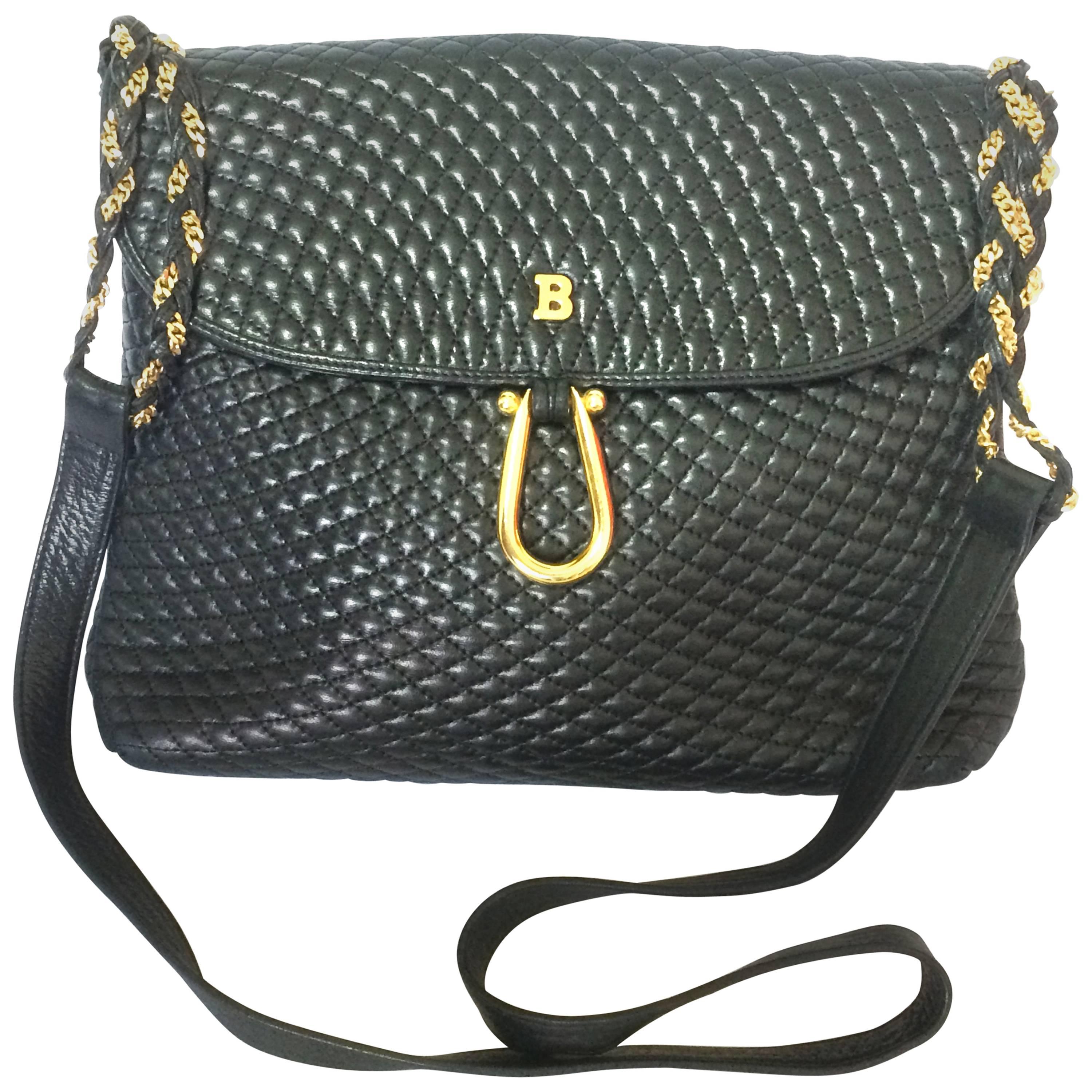 Vintage Bally classic black quilted leather shoulder bag with golden chain strap