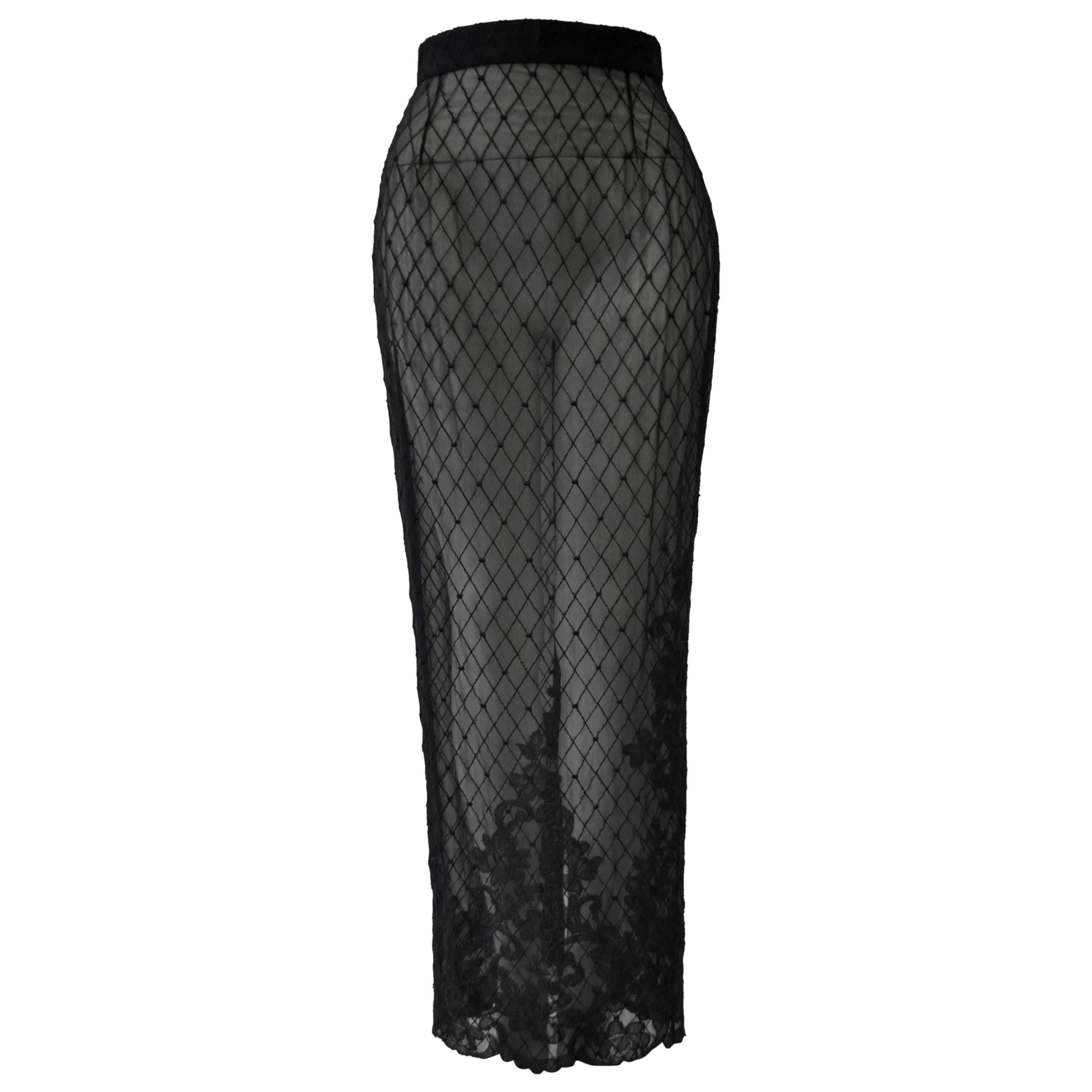 Sensational Gianni Versace Couture Netted Silk Floral Lace Hem Maxi Skirt For Sale