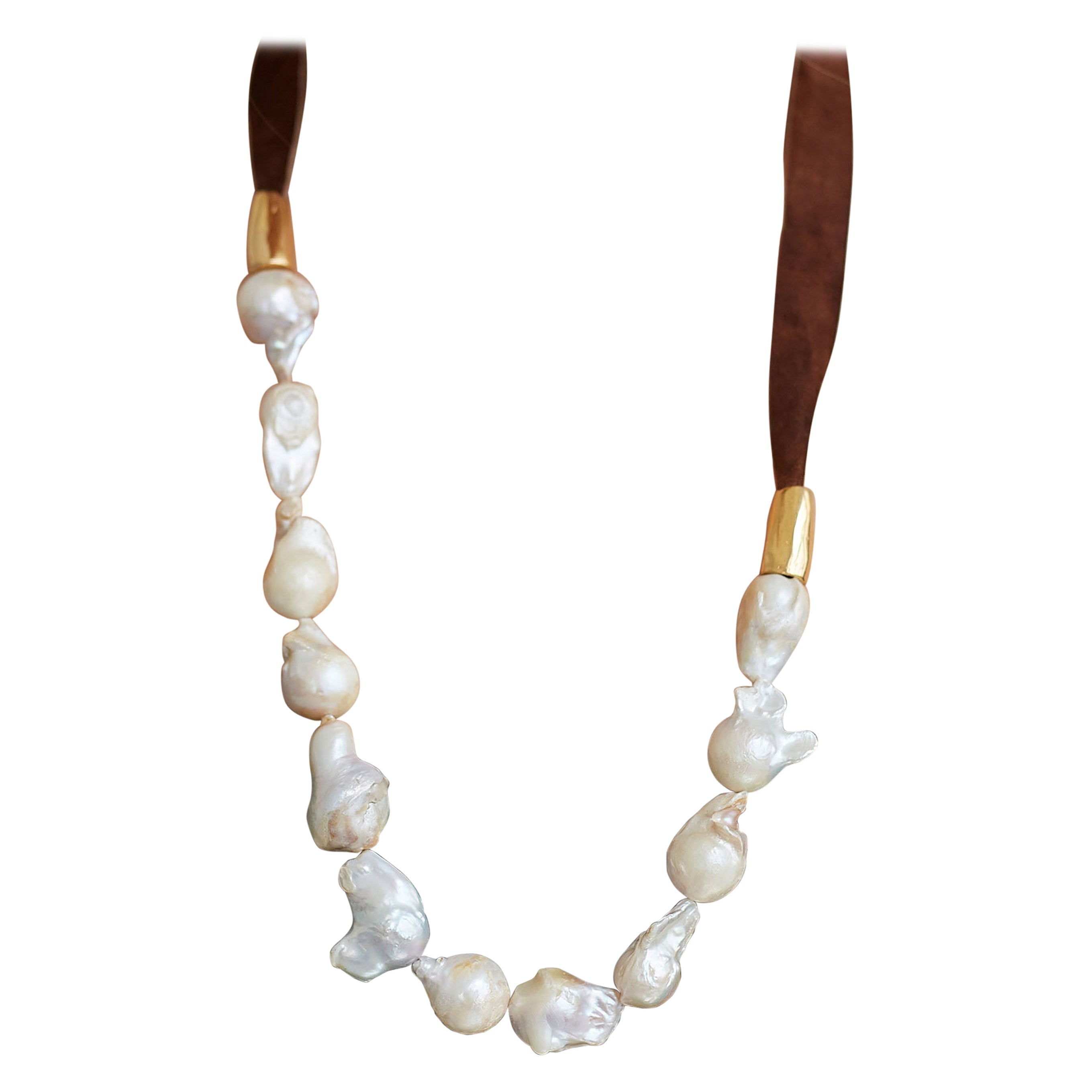 Baroque pearl with leather necklace For Sale