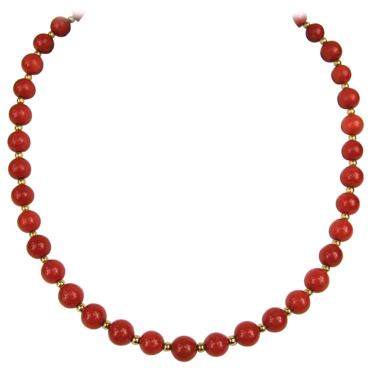 1940's Stunning Red Coral Beaded Gold Necklace