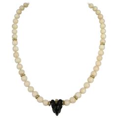 1950's Angel skin Pink Coral Gold Onyx Ram's Head Necklace 8