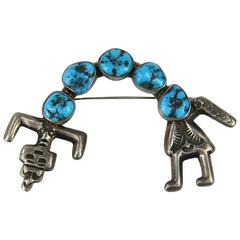 Early Navajo Sterling Turquoise Man Yei Hatband Brooch Pin 5