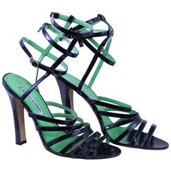 Manolo Blahnik Black and Green Sandals in Patented leather 11