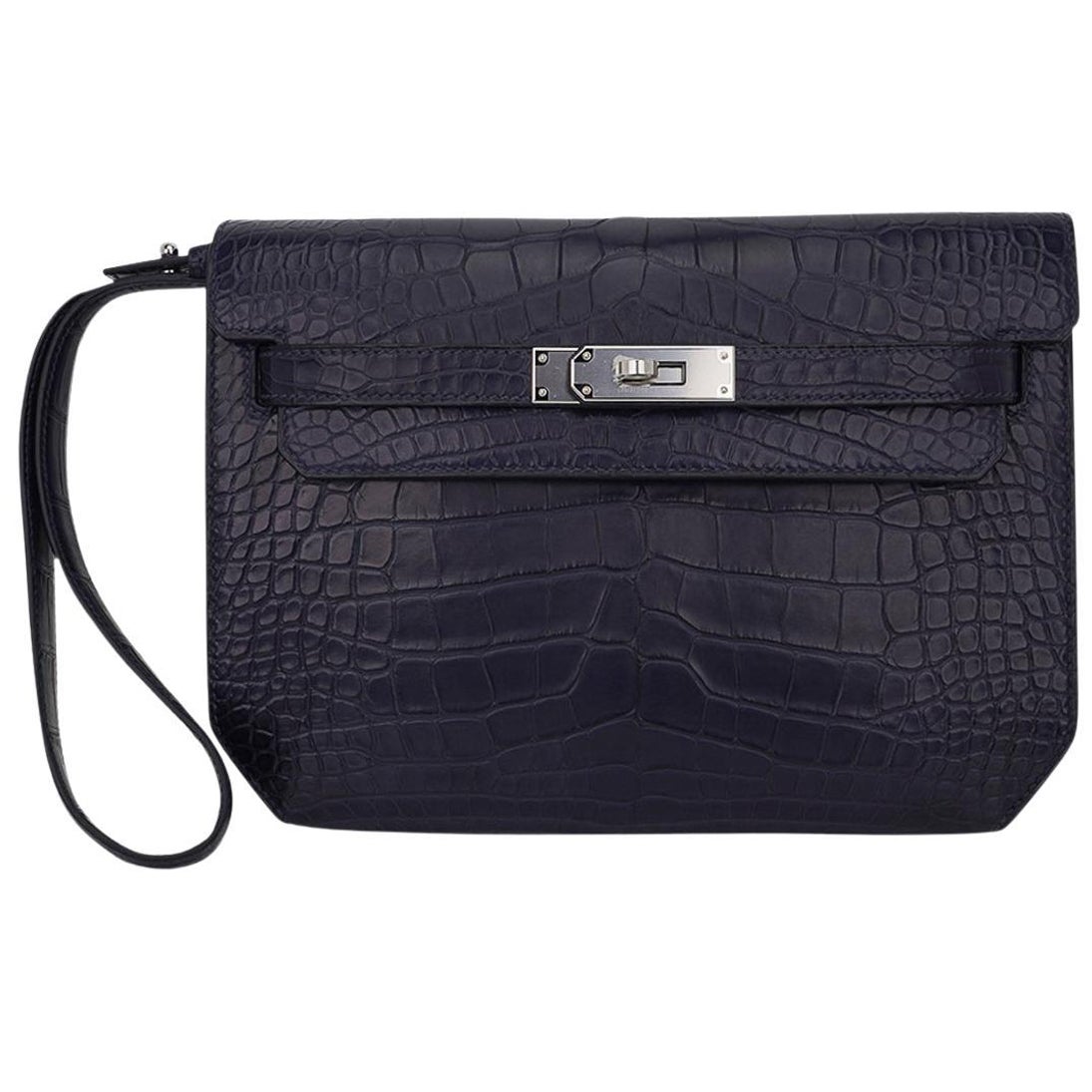 Hermes Kelly Depeches 25 Pochette Bleu Indigo Mat Alligator Palladium Hardware en vente