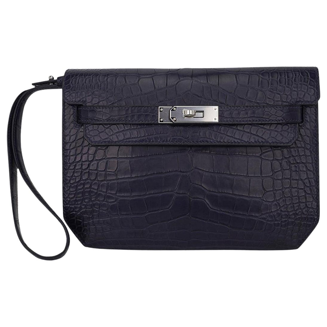 Hermes Kelly Depeches 25 Pouch Blue Indigo Matte Alligator Palladium Hardware For Sale