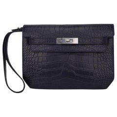 Hermes Kelly Depeches 25 Pouch Blue Indigo Matte Alligator Palladium Hardware