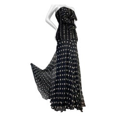 Vintage 1980s Valentino Black & White Polka Dot Silk Chiffon Gown w Fishtail Train 