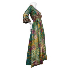 1960s Malcolm Starr Floral Lame Hostess Gown with Heavily Jeweled Waist & Cuffs 