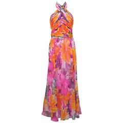 1970's Hot Pink Floral Halter Gown