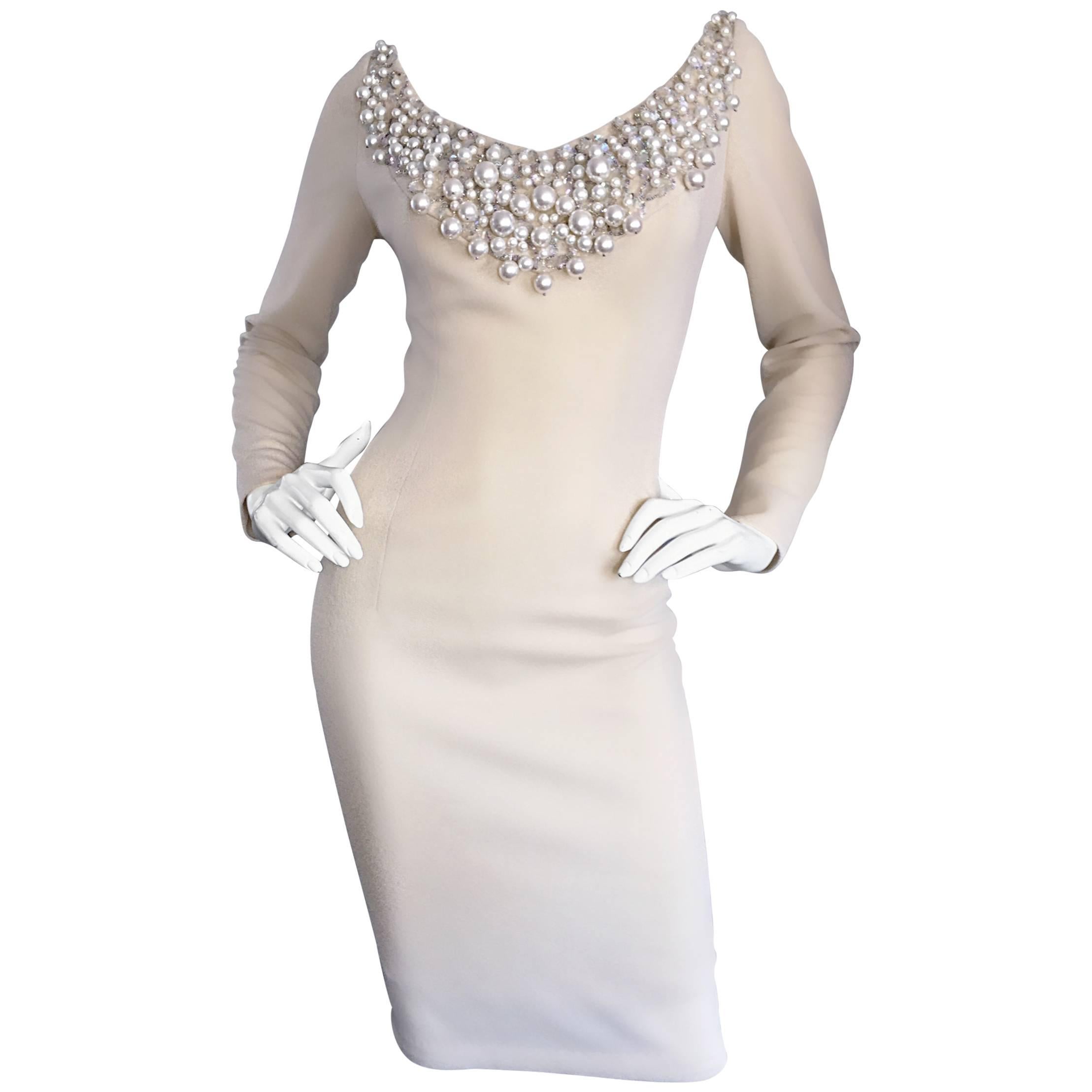 Sydney North Beige Crepe Jersey Oversize Pearl Sequin Wiggle Dress Medium, 1960s For Sale