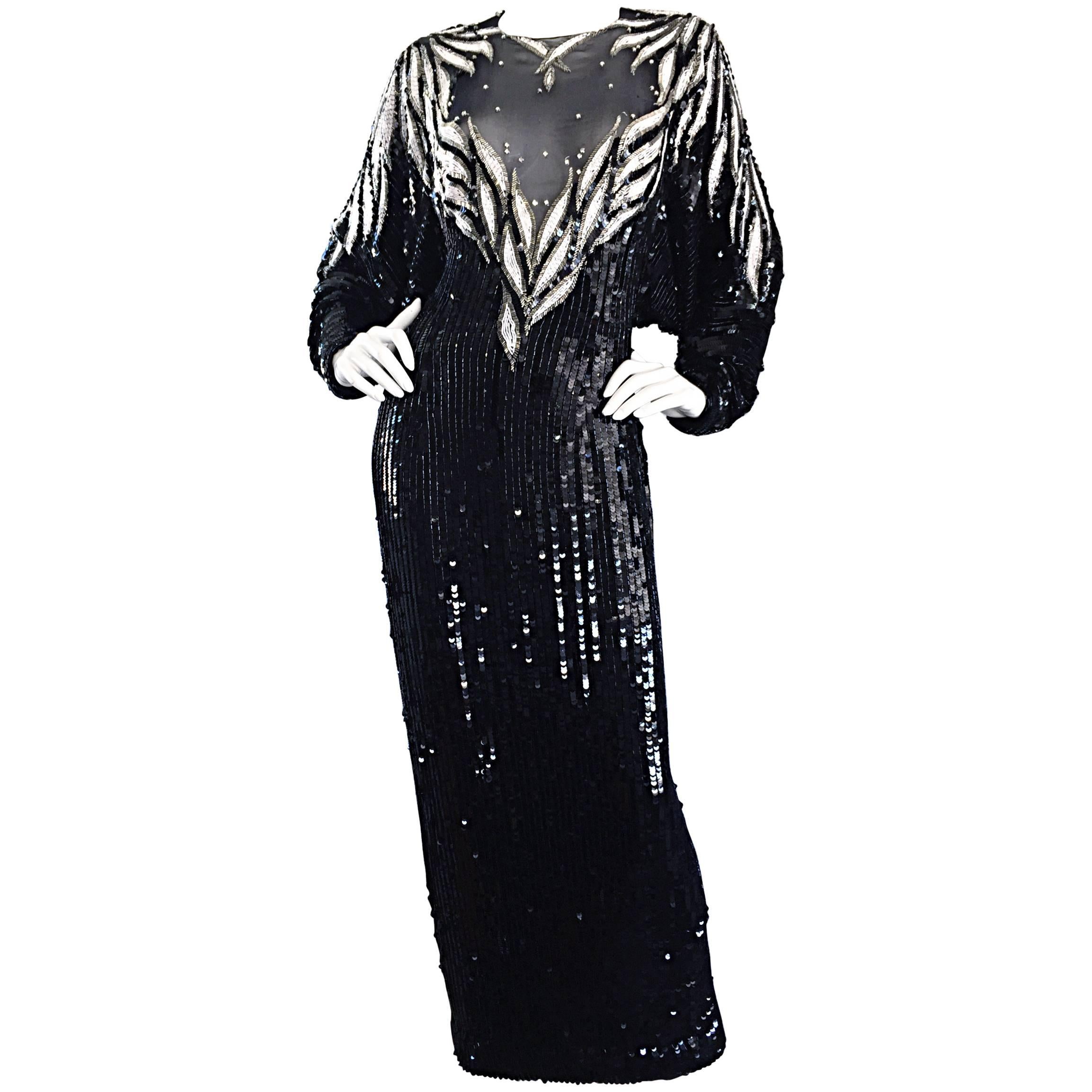 Bob Mackie Vintage Couture maßgefertigtes schwarzes Seidenkleid mit Pailletten und Perlen  im Angebot