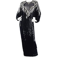 Incredible Vintage Bob Mackie Couture Custom Made Black Silk Sequin Beaded Gown