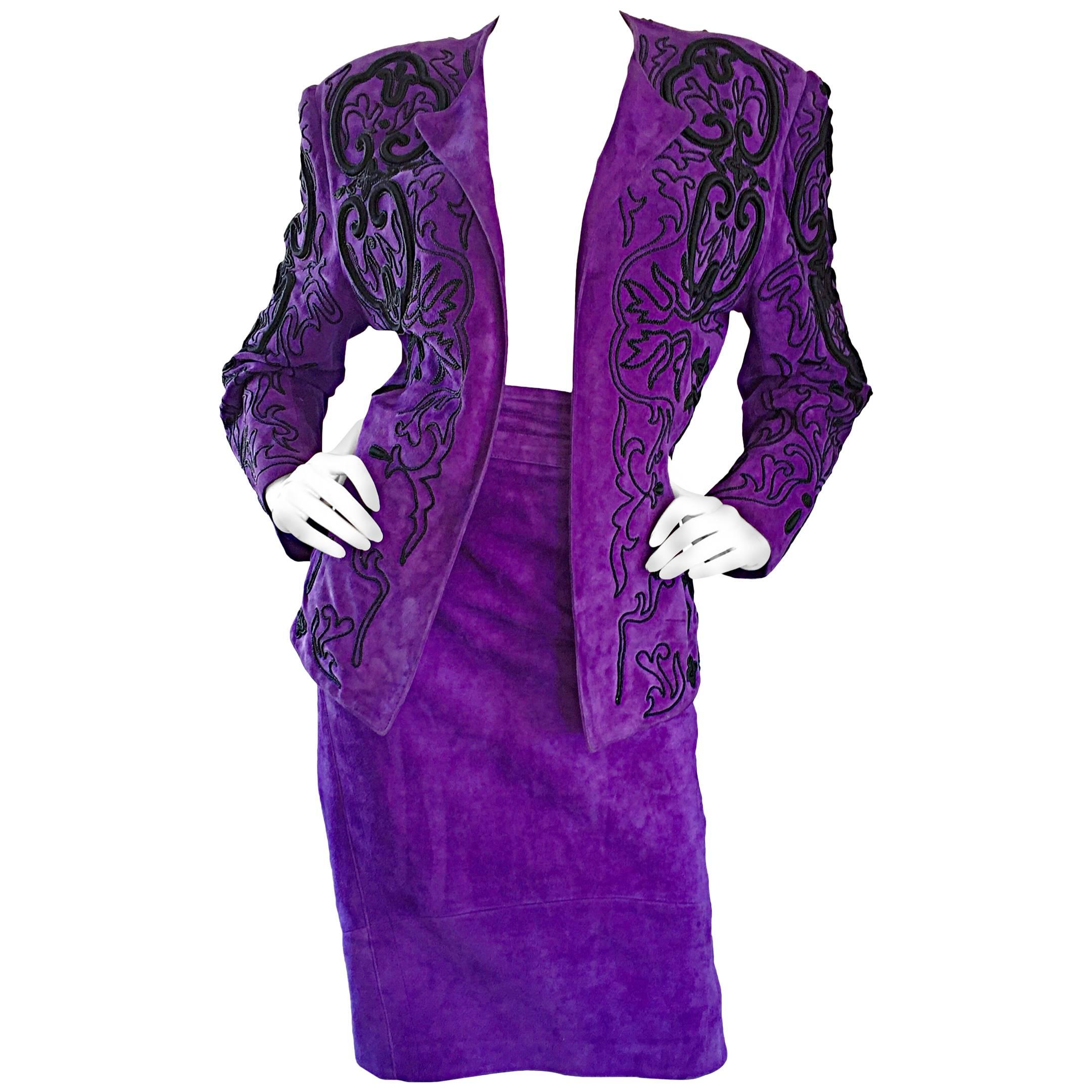 Jean Claude Jitrois Couture Leather Custom Made Purple Lesage Beaded Skirt Suit For Sale