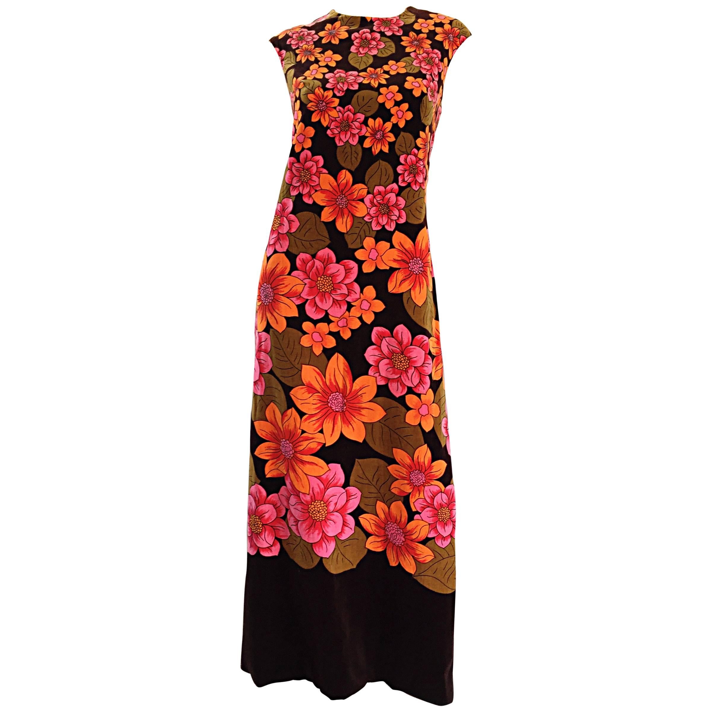 1960s Dynasty Pink + Orange + Brown Velvet Vintage Late 60s Flower Maxi Dress