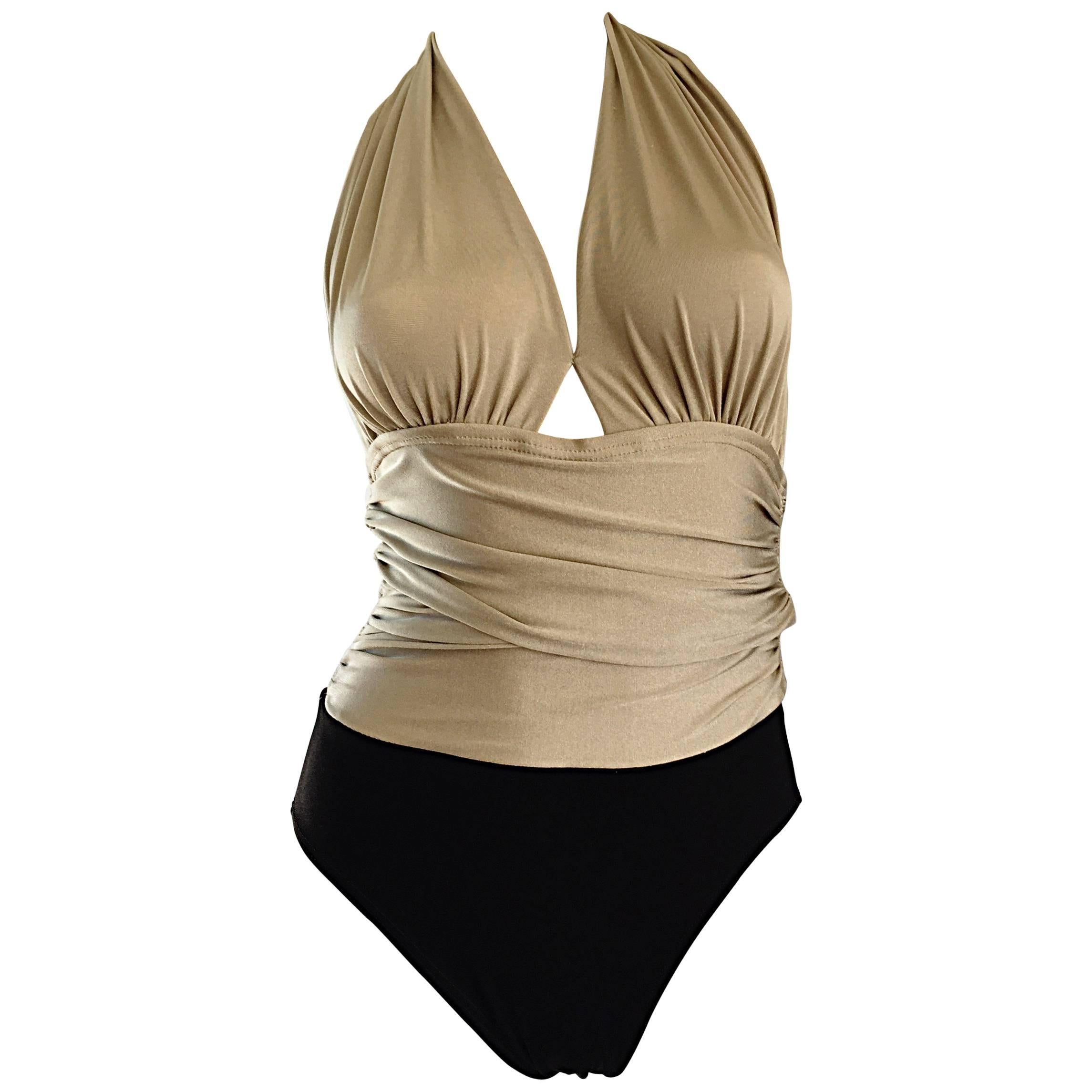 1970s Yves Saint Laurent Sexy Black + Gold Vintage 70s Halter One Piece Swimsuit