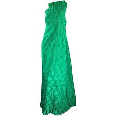 Rare Priscilla of Boston 1960s Kelly Green Silk Brocade Vintage Gown w/ Train