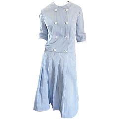 1960s Florence Walsh Vintage Seersucker Blue and White Striped Cotton 60s Suit