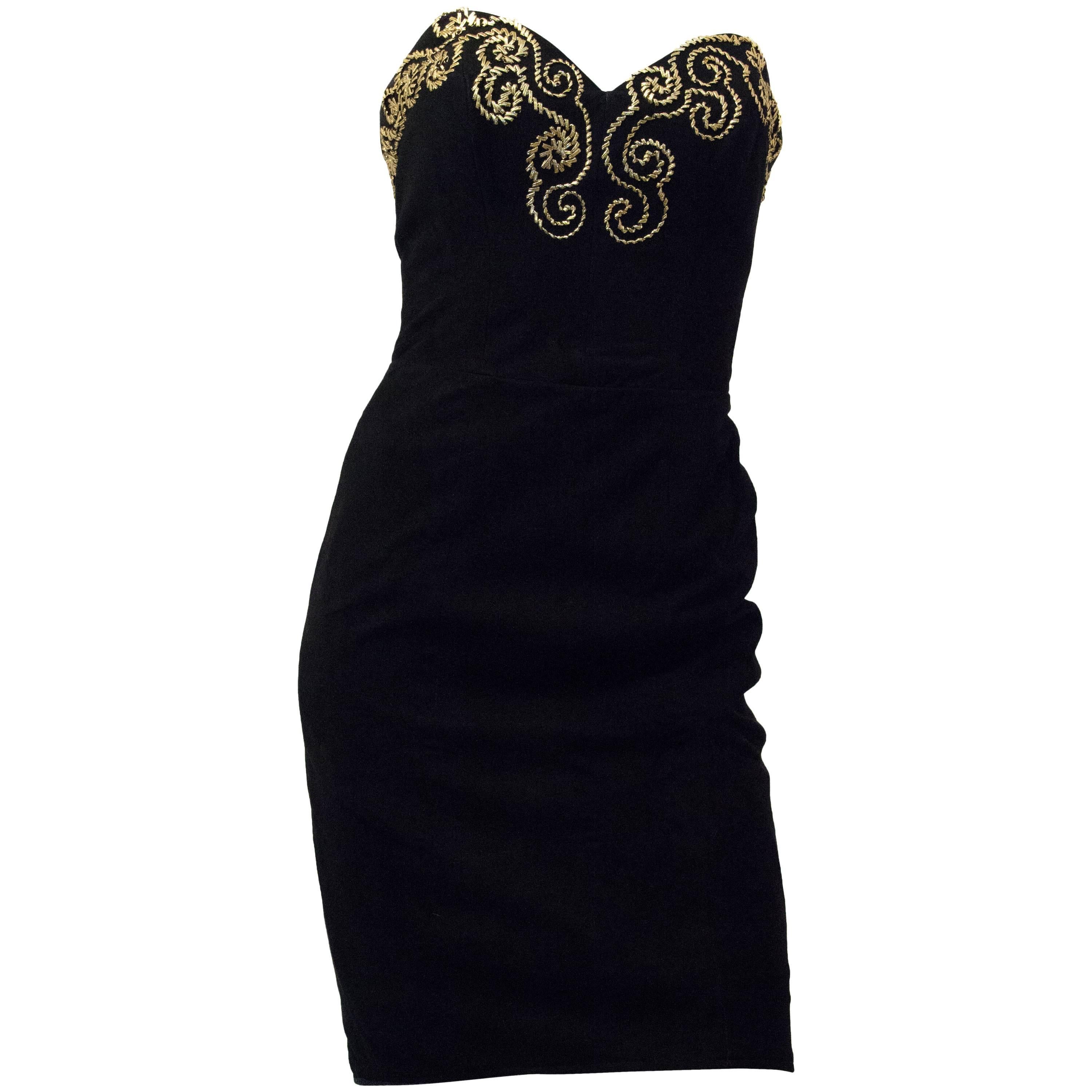 80s Black Suede Strapless Cocktail Dress with Gold Metal Embellishment   For Sale