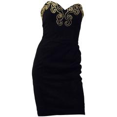 80s Black Suede Strapless Cocktail Dress with Gold Metal Embellishment  