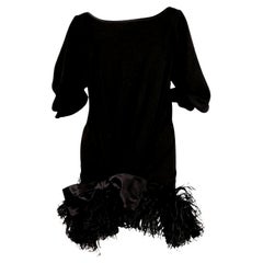 Retro 1970's YVES SAINT LAURENT Black Silk Dress with Marabou Feather Trim
