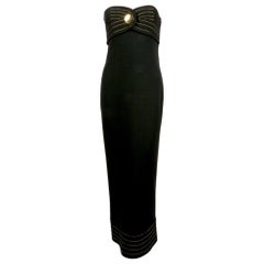 1970's YVES SAINT LAURENT black wool strapless column dress with gold accents