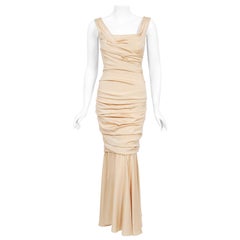 Vintage 2013 Dolce & Gabbana Naked Nude Ruched Stretch Silk Hourglass Gown 