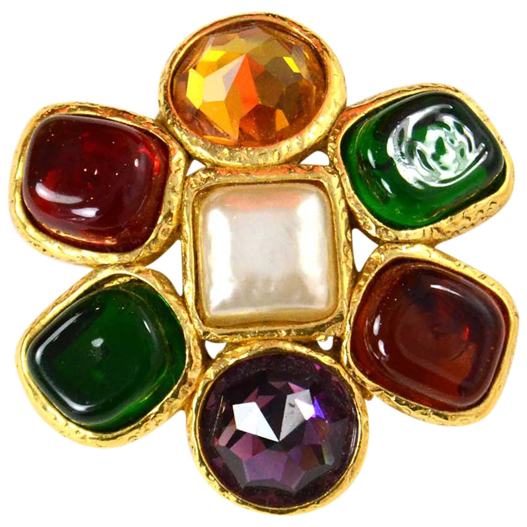 Chanel Vintage Multicolored Jewel and Gripoix Brooch w/ Faux Pearl Center