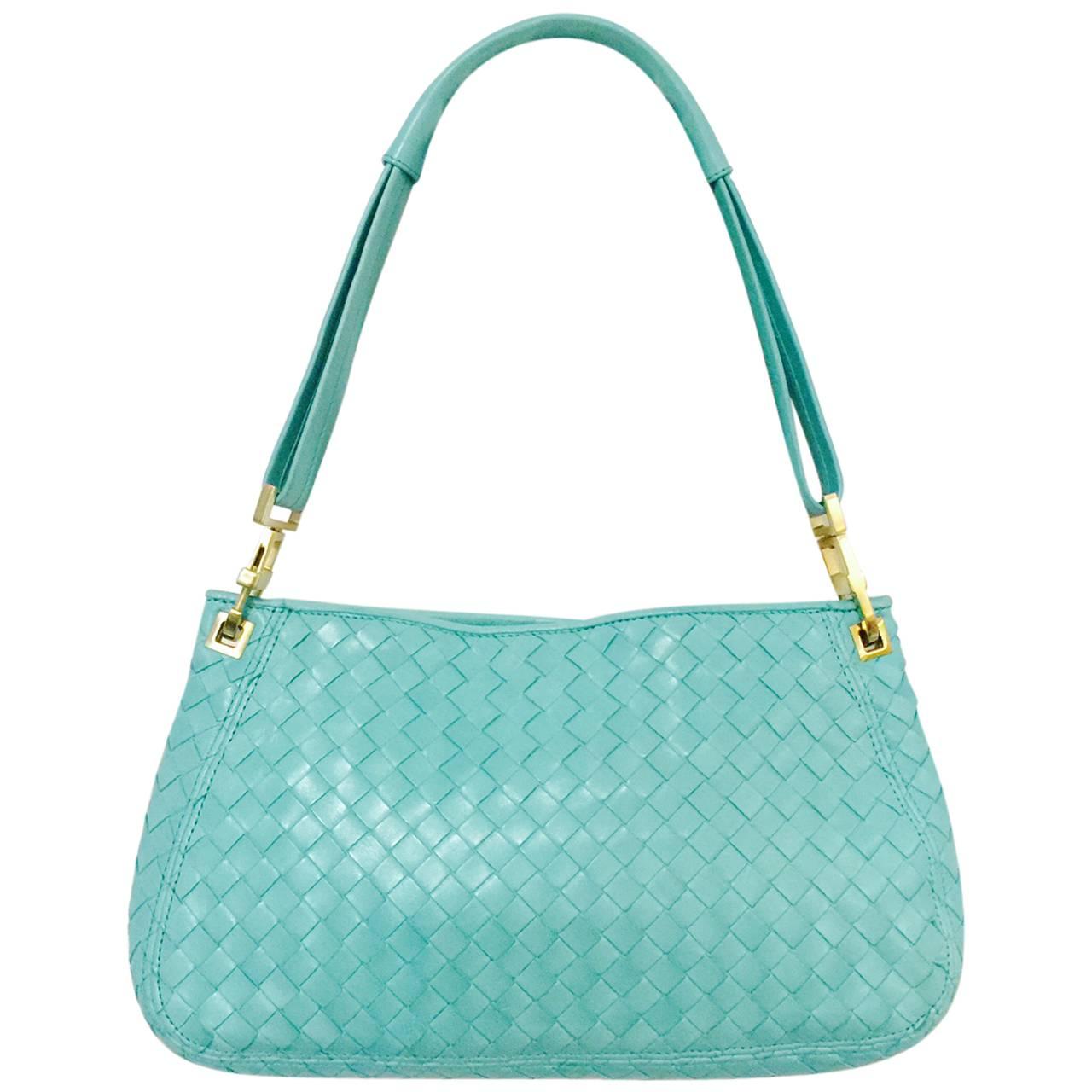 Bottega Veneta Mint Blue/Green Intrecciato Woven Nappa Leather Shoulder Bag 