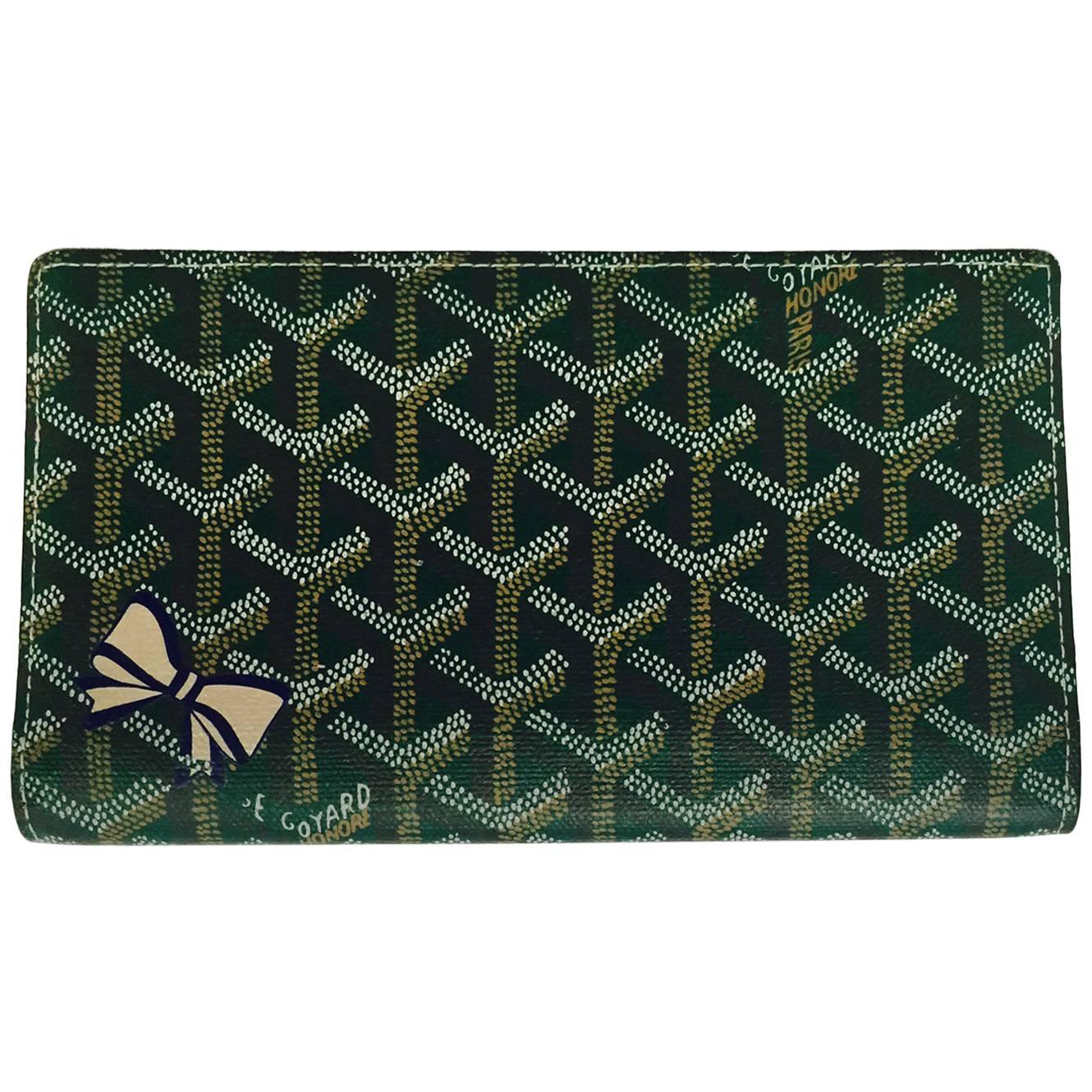 Goyard Green Goyardine Long Wallet W Blue and Gold Bow Excellent Condition  