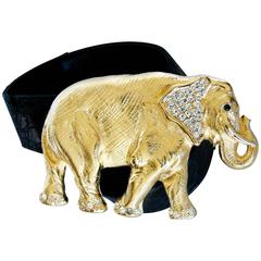 Gold Rhinestone Elephant Buckle + Black Leather Belt Strap Hattie Carnegie Attr