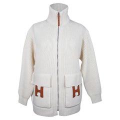 Hermes Cardigan Zip Winter White Sweater Brown Leather H 36