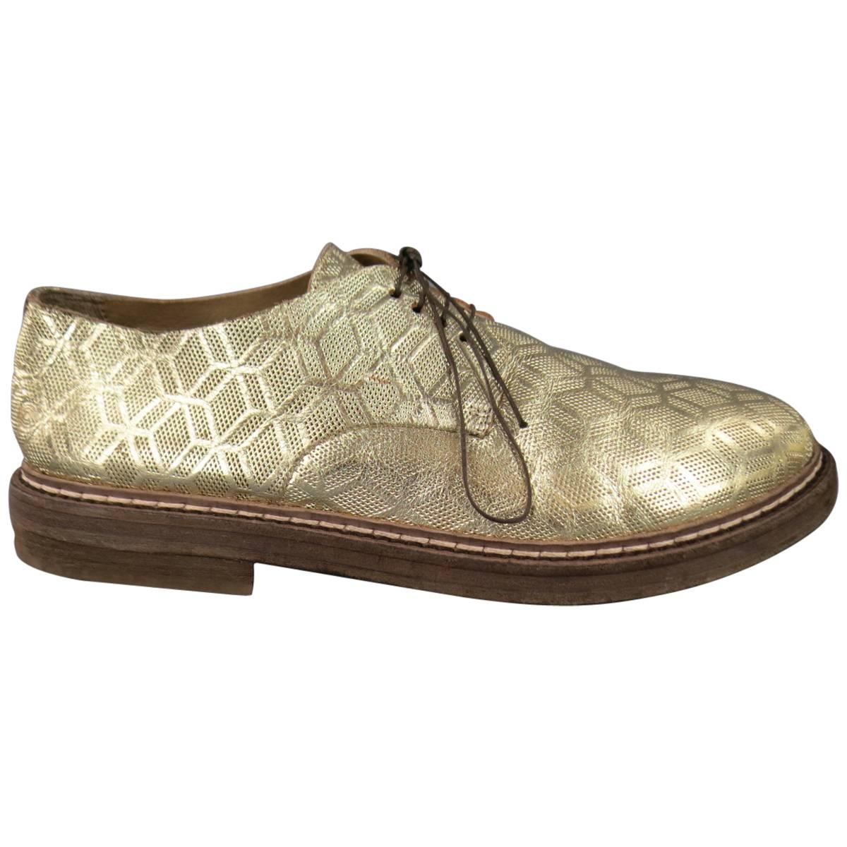 MARSELL Size 8 Men's Metallic Gold Geometric Honeycomb Leather Lace Up Derbys