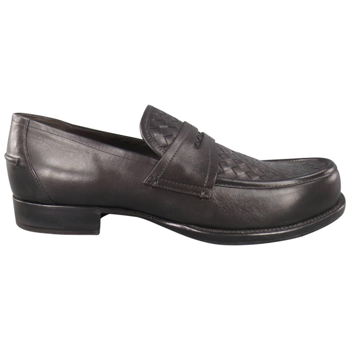BOTTEGA VENETA Men's Size 11 Men's Black Leather Intrecciato Woven Penny Loafers