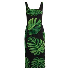 Dolce & Gabbana Black Green Silk Leaves Midi Sheath Dress Tropical Bodycon DG