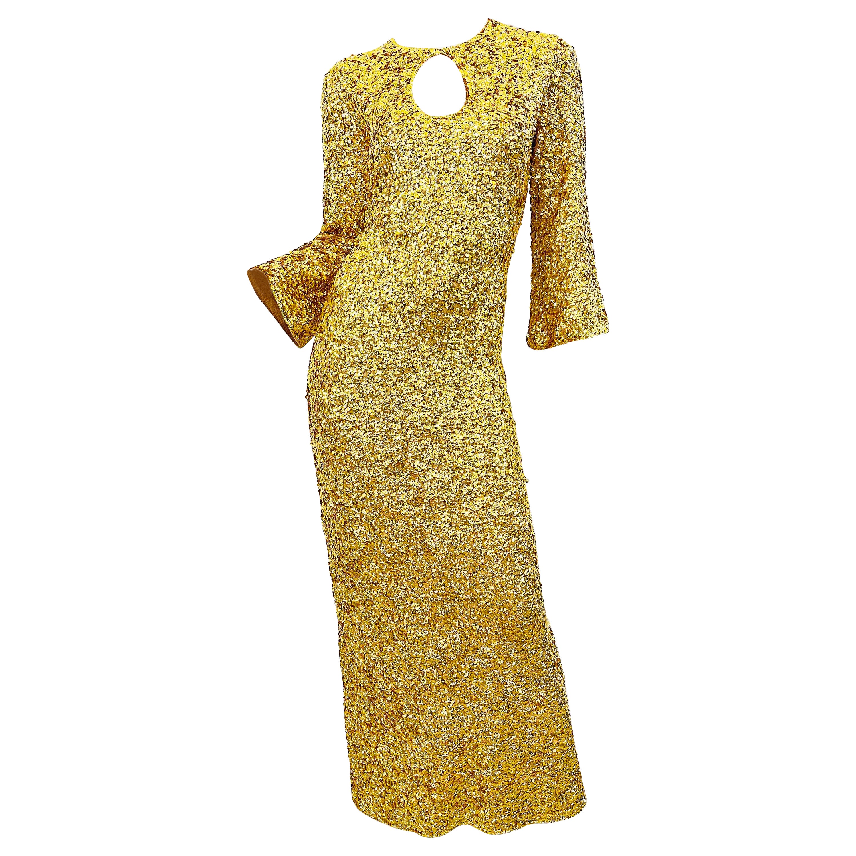 1960s Gene Shelly’s Gold Sequin Keyhole Long Bell Sleeve Vintage Wool 60s Gown For Sale