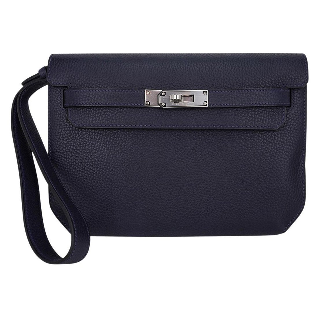 Hermes Kelly Depeches 25 Pouch Blue Indigo Galop D'Hermes Vache Palladium For Sale