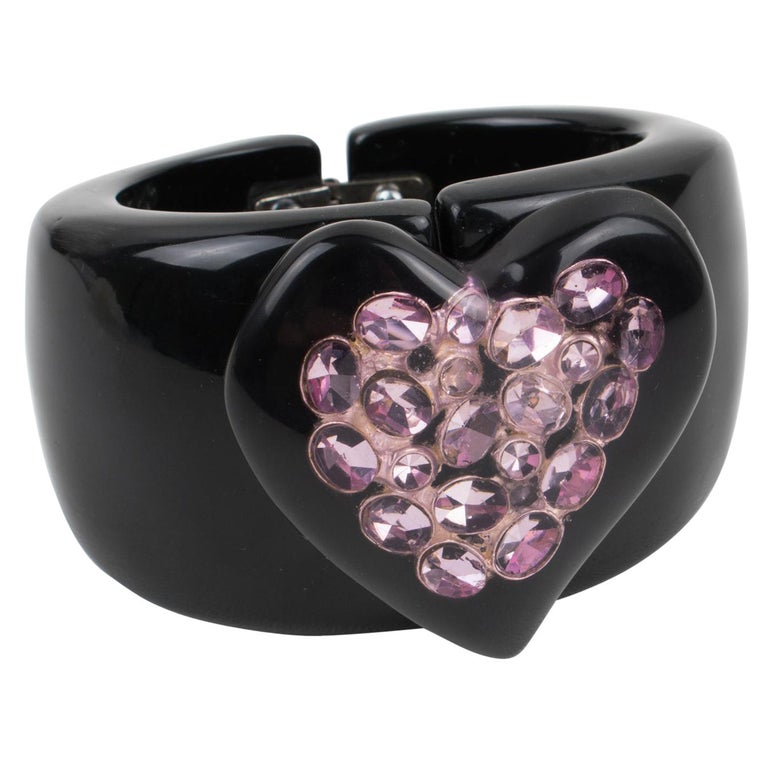 Dominique Denaive Paris Black Resin Clamper Bracelet with Purple Jeweled Heart For Sale