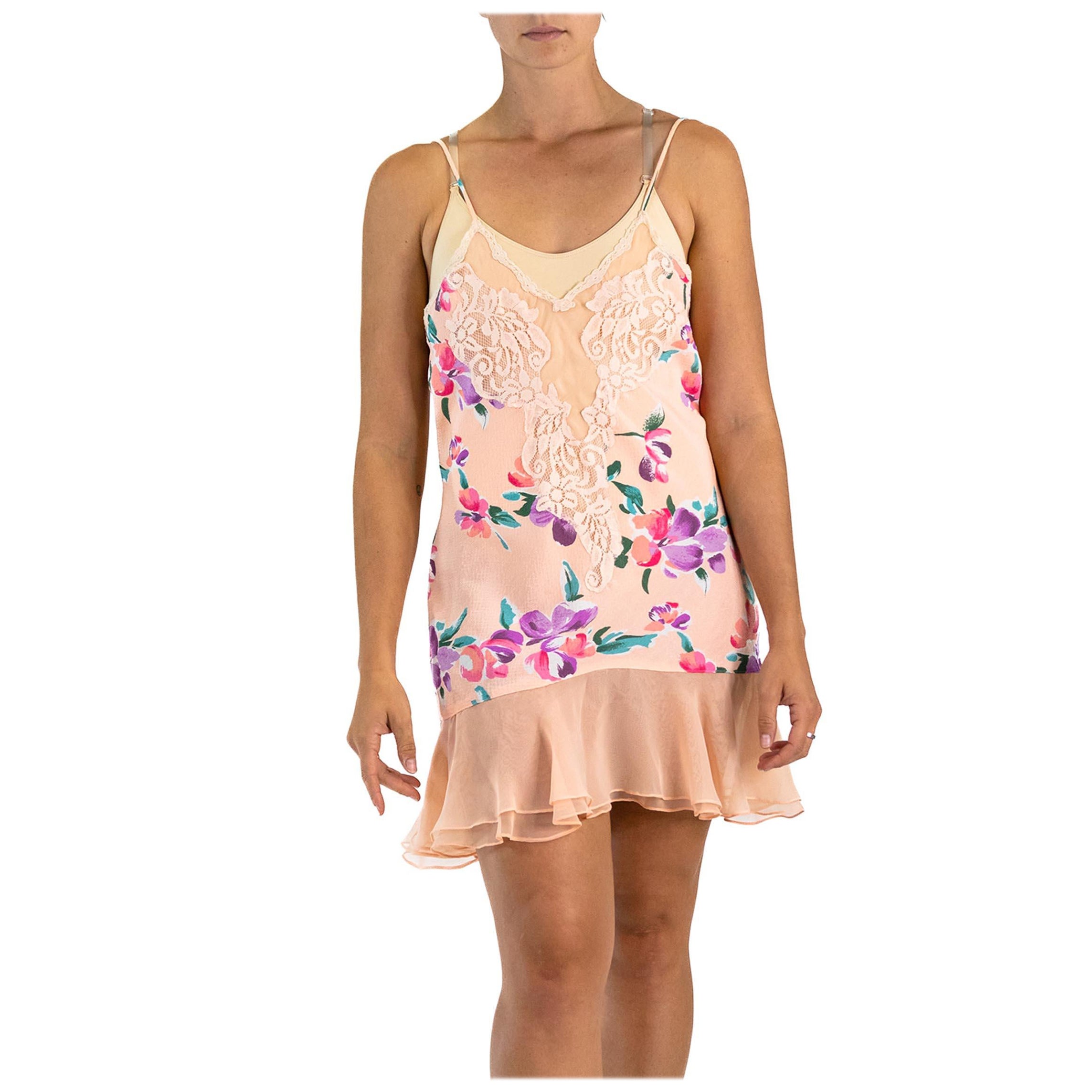 1990S Pink Multi Floral Polyester Lace Slip Dress For Sale