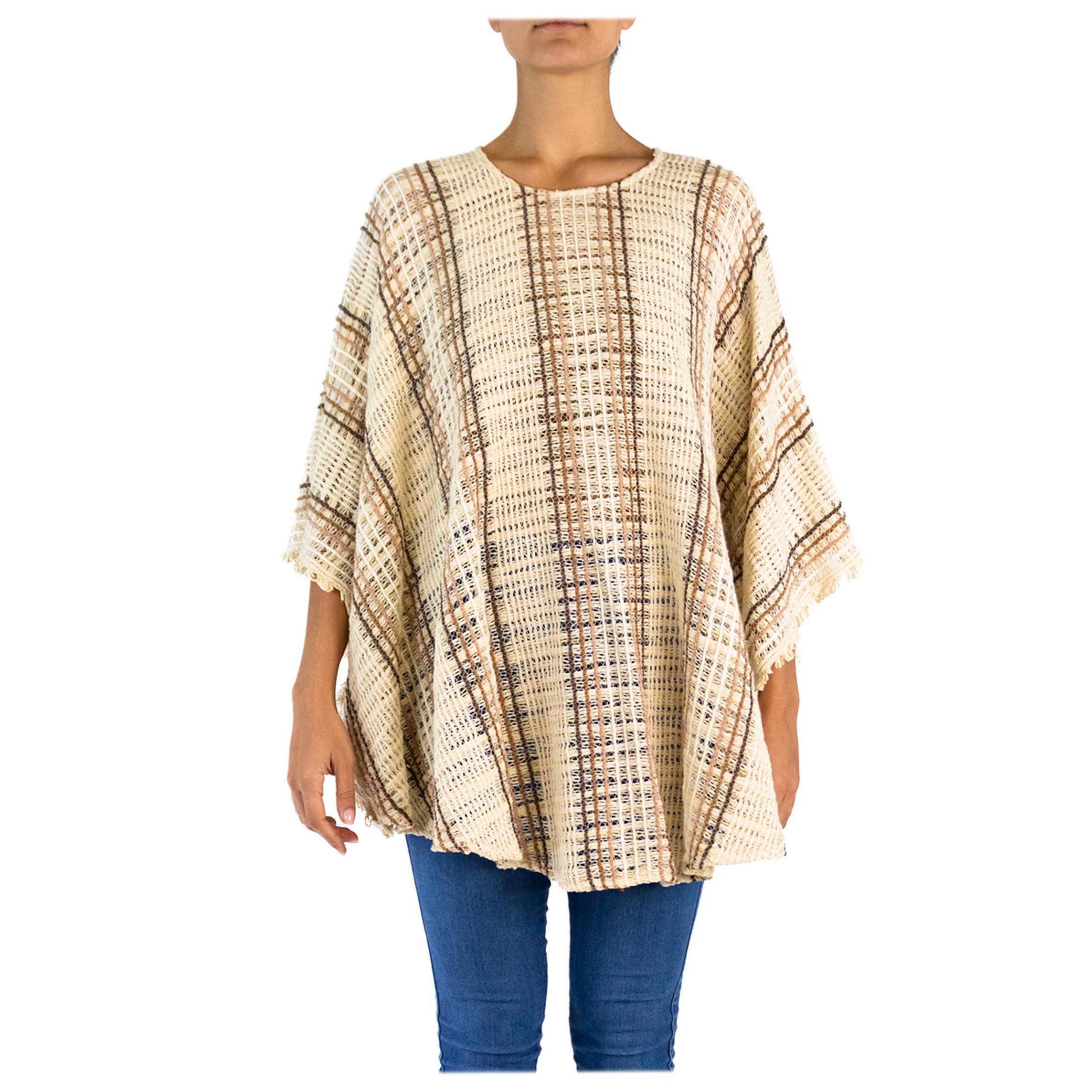1970S Brown & Cream Cotton Blend Open Weave Tunic Top For Sale