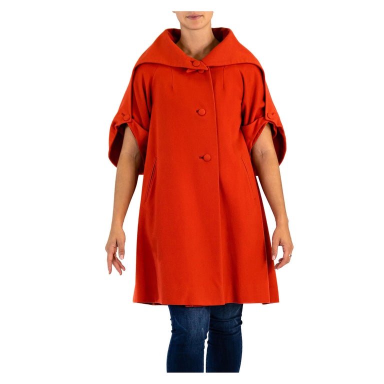 1950S DON LOPER Tomato Red Wool 3/4 Sleeve Coat With Giant Picture Collar For Sale
