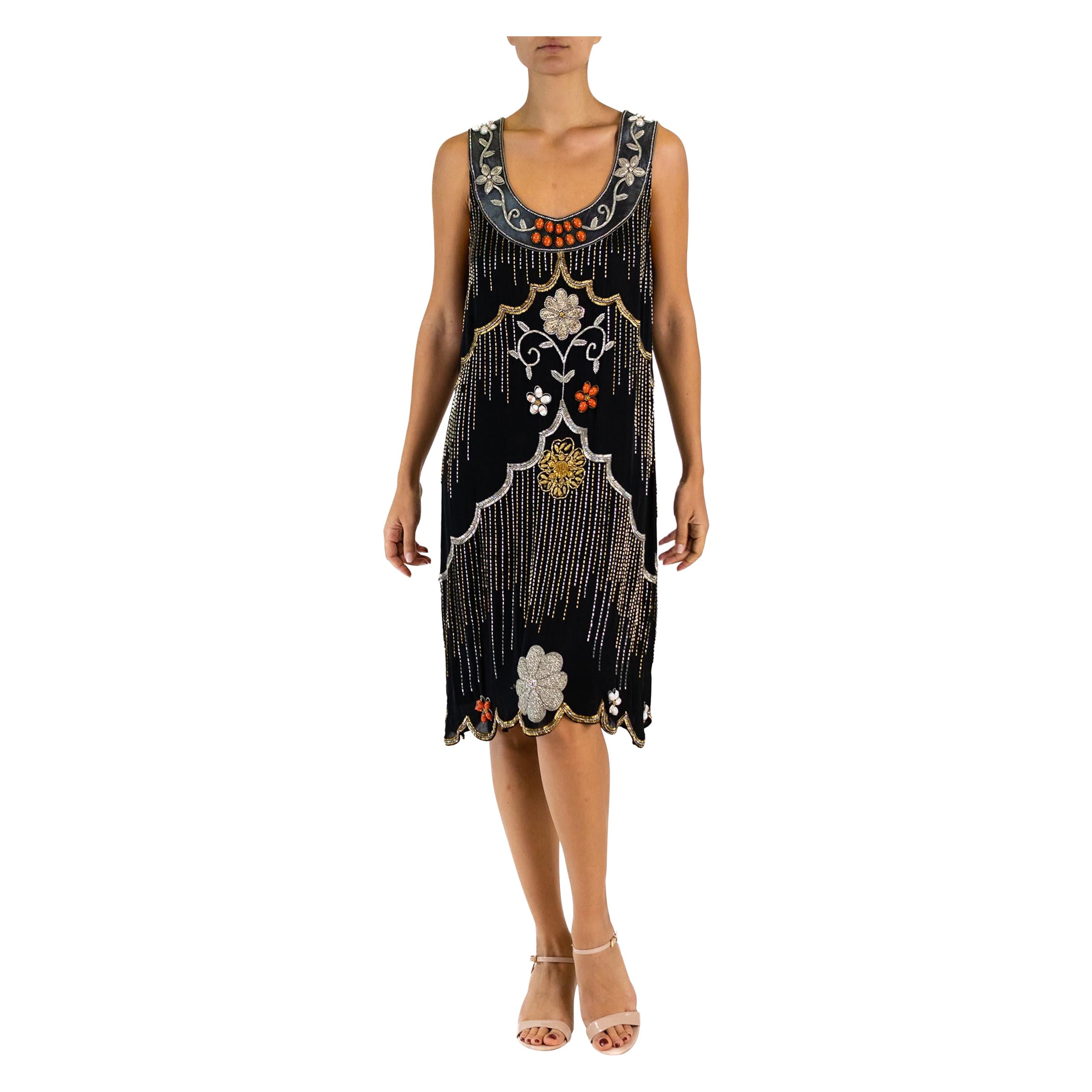 2000S MATTHEW WILLIAMSON Black Silk 1920S Style Bead Embroidered Dress With Lea For Sale