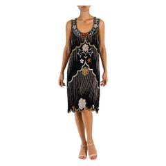 2000S MATTHEW WILLIAMSON Black Silk 1920S Style Bead Embroidered Dress With Lea