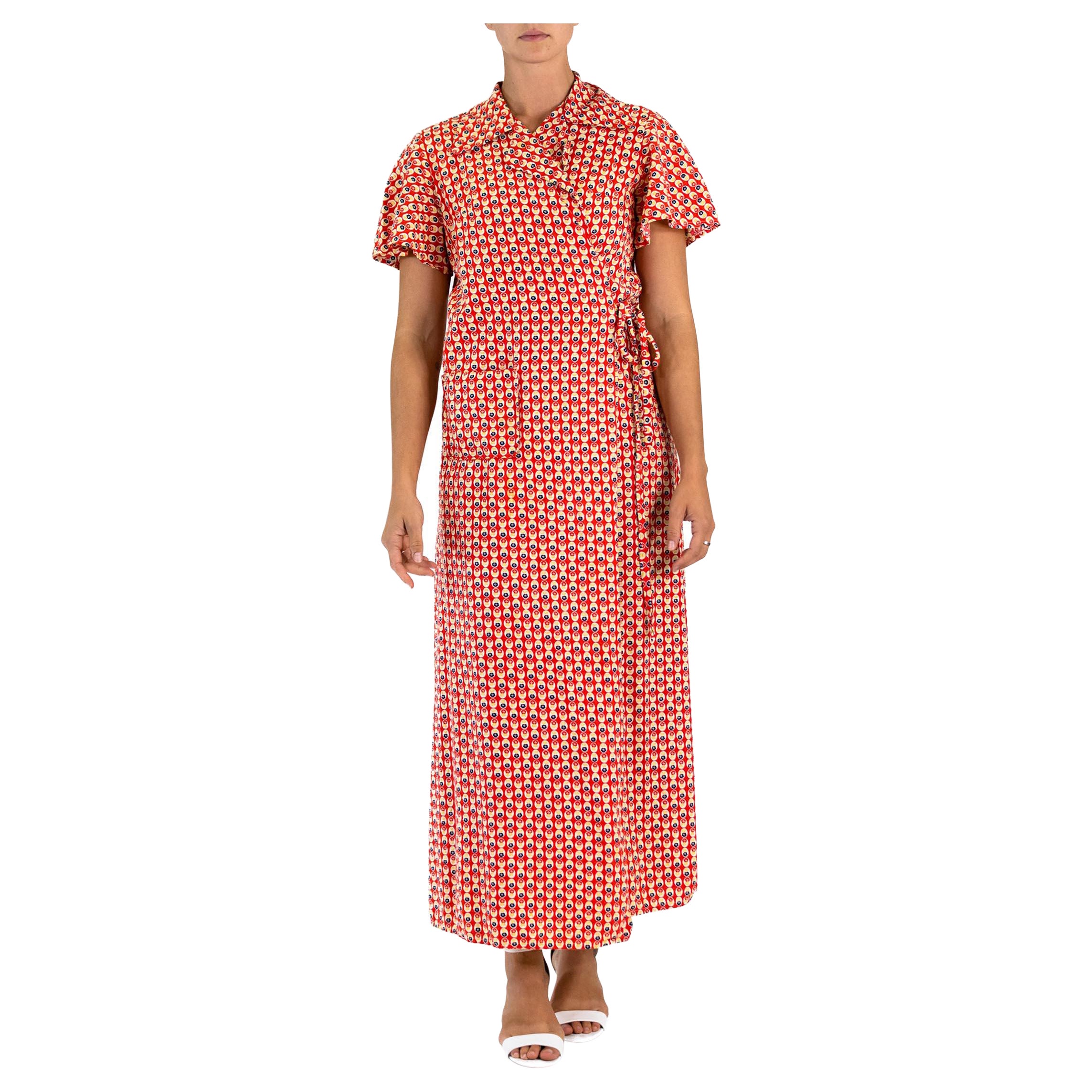 1940S Red Cotton Yellow Dot Print Wrap House Dress For Sale