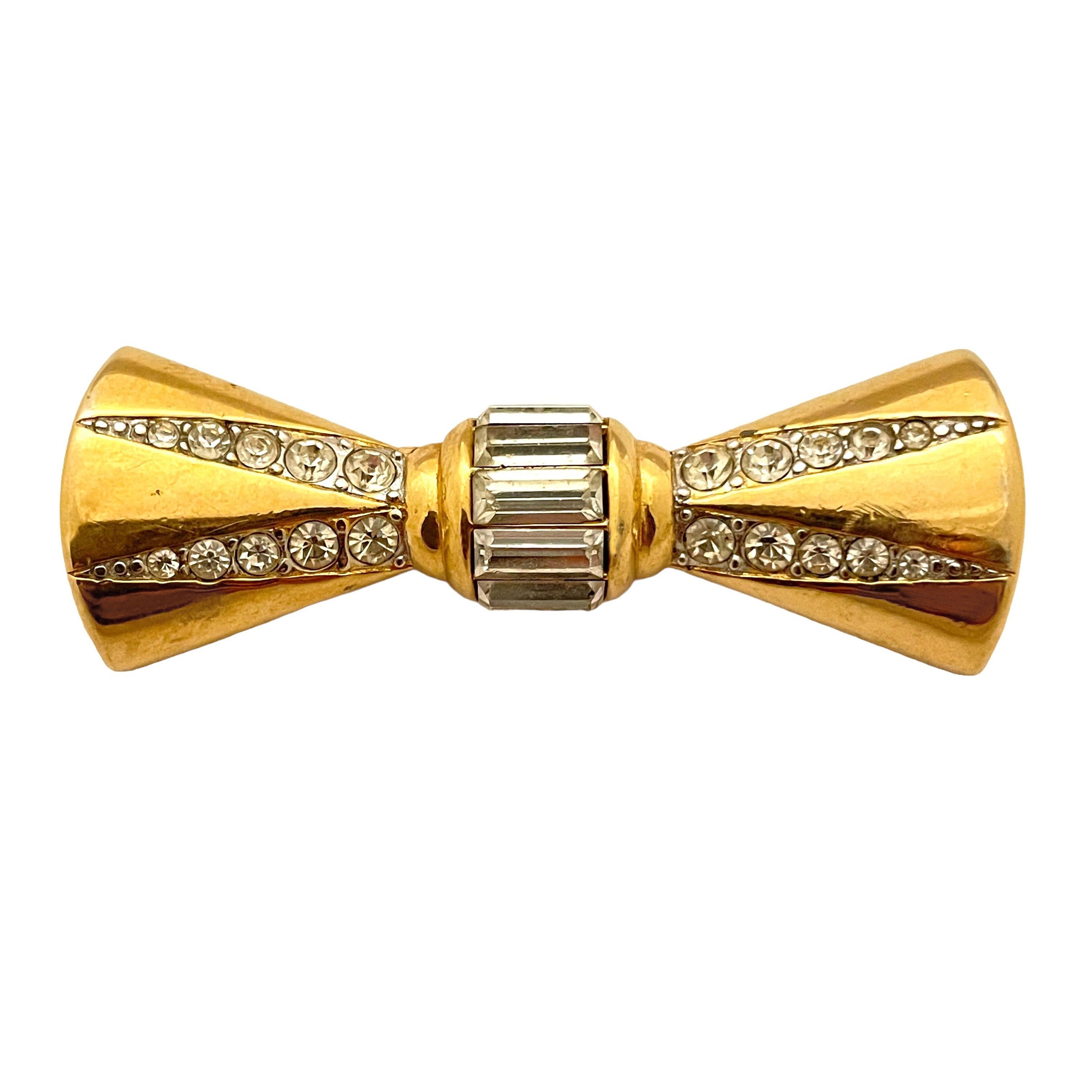 Vintage MONET bow gold rhinestone designer brooch For Sale