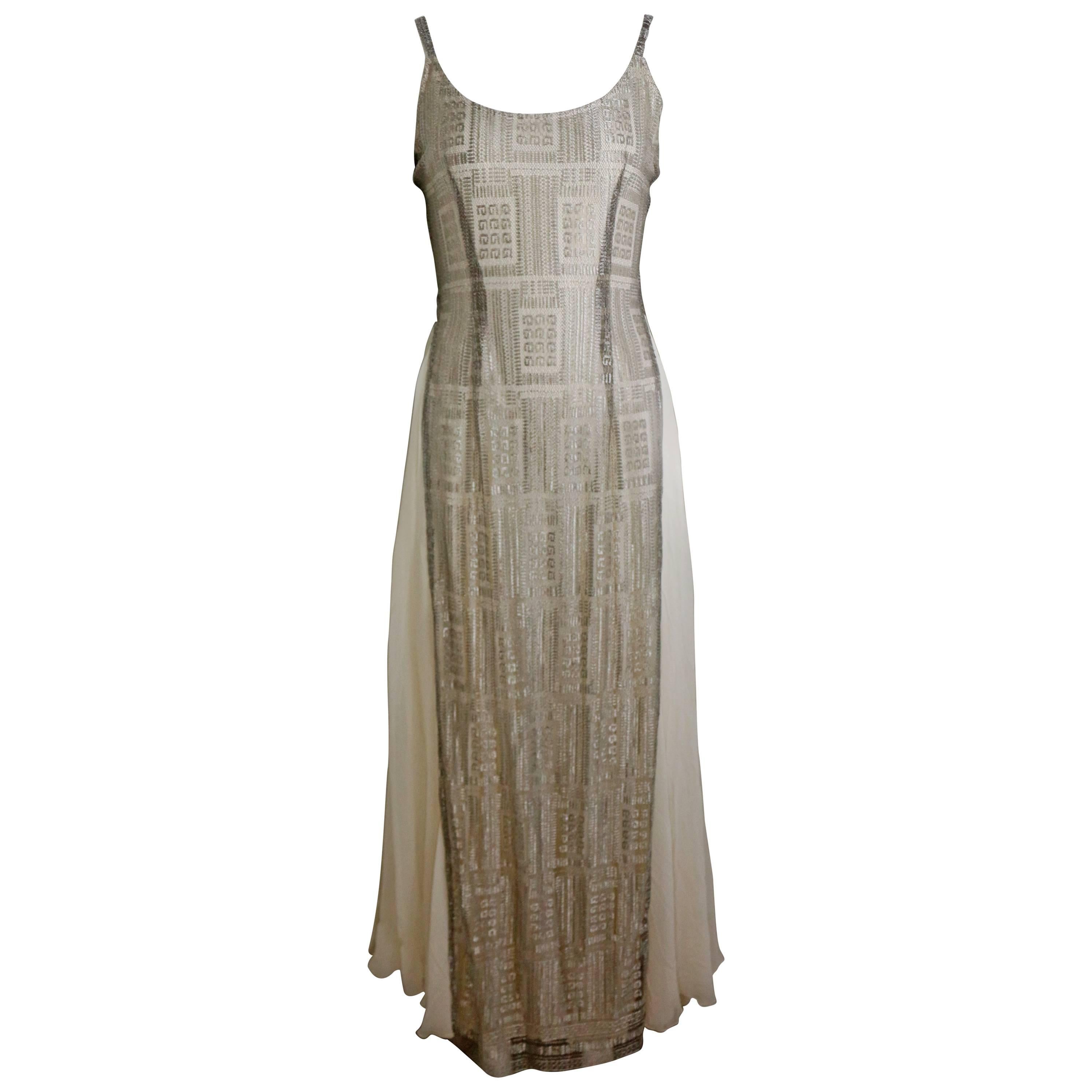 Vintage Severin Metallic Pattern Printed Silk Cream Long Dress For Sale