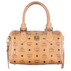 MCM MUNCHEN Tan COGNAC VISETOS Canvas Bauletto BOSTON BAG Handbag w/Strap 12