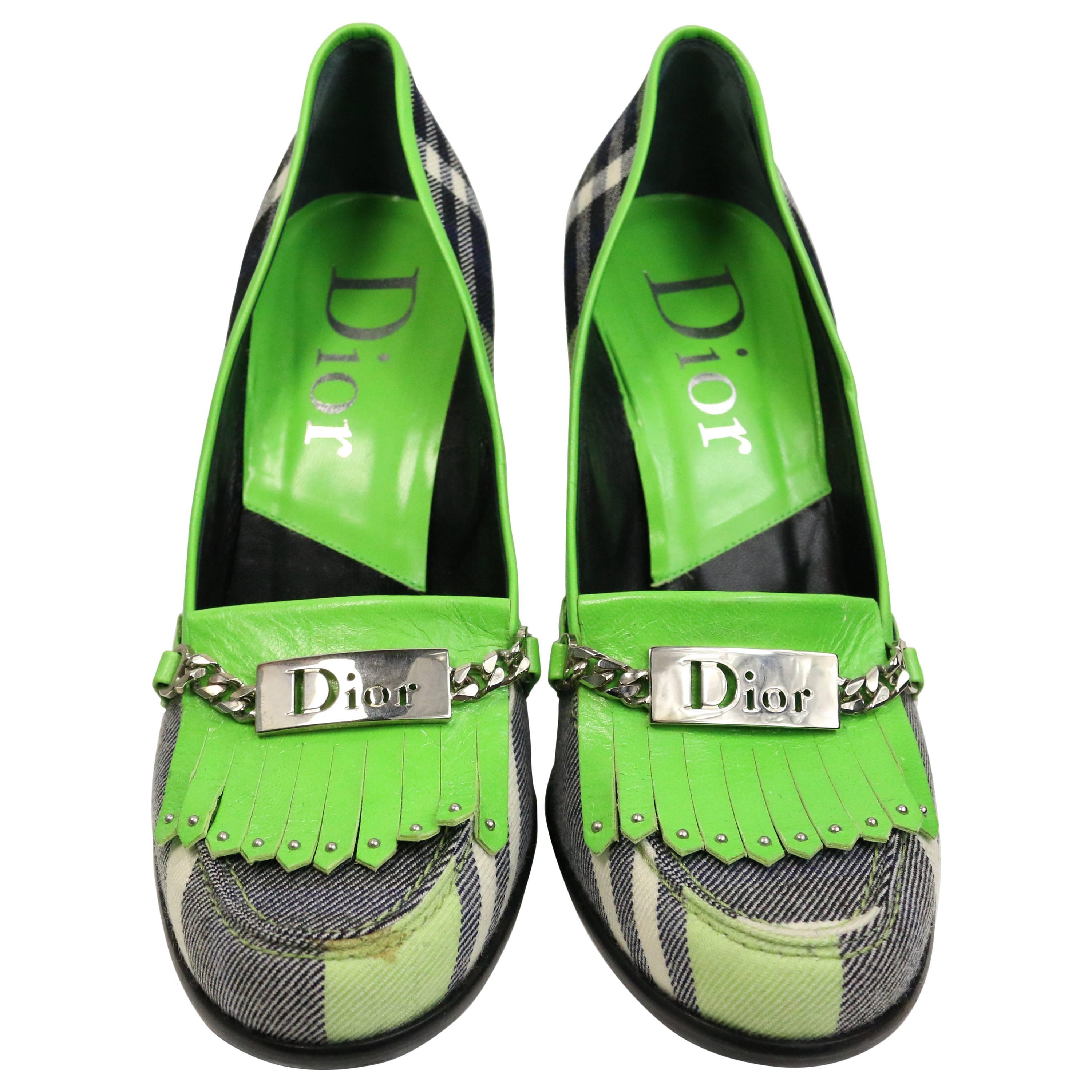 Christian Dior Green Leather Plaid Fringe Pumps  For Sale