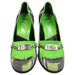 Christian Dior Green Leather Plaid Fringe Pumps 1